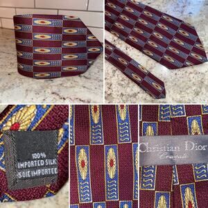 Christian Dior Vintage 100% Silk Art Deco Print Tie Burgundy Blue Gold Medallion